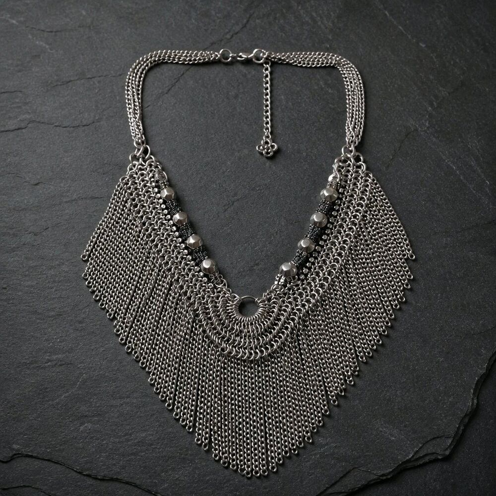 Stella & Dot Chainmaille Fringe Silver Tone Chain Medieval Necklace